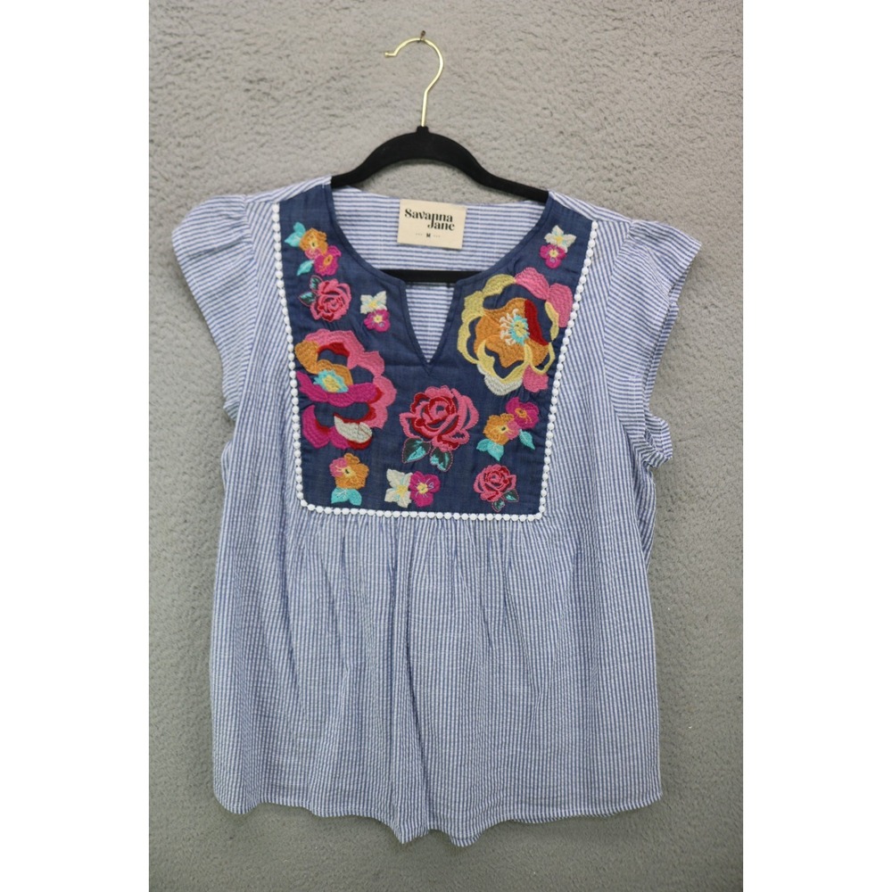 Savanna Jane Striped Cap Sleeve Tunic-Size Medium-Embroidered-BOHO-Preppy